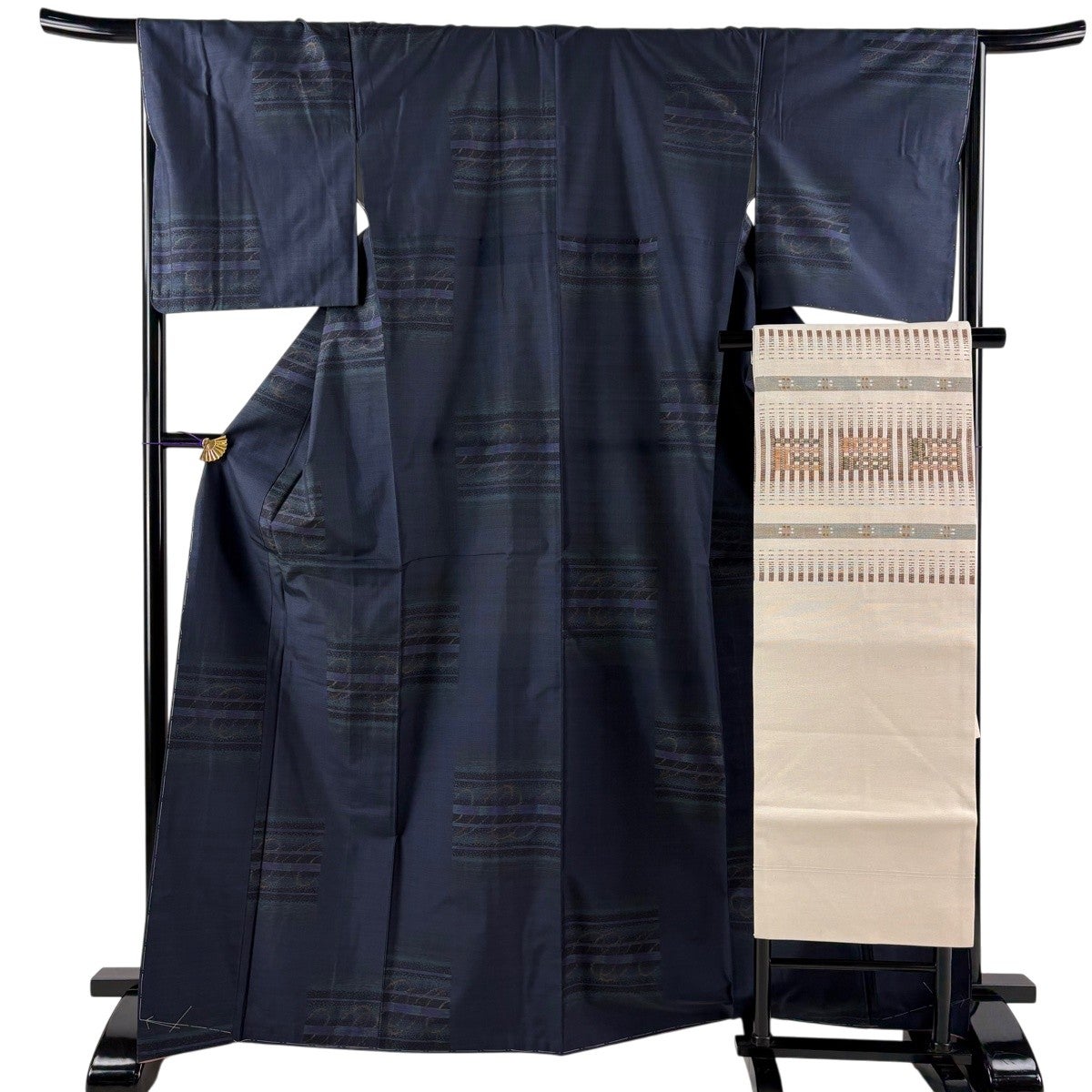 美品】 紬 身丈168cm 裄丈67cm M 袷 名古屋帯セット 縞 幾何学模様