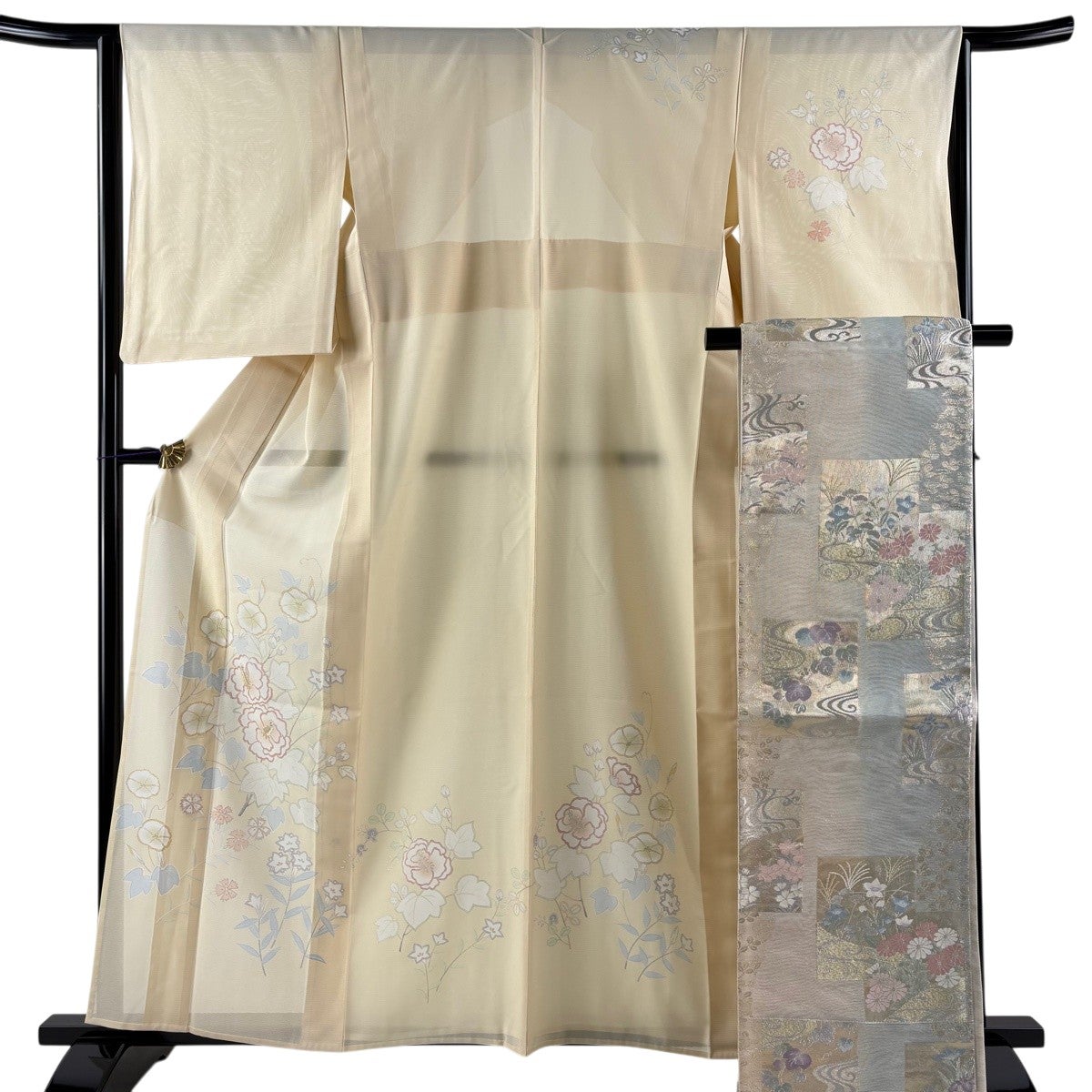 訪問着 身丈160cm 裄丈64.5cm M 薄物 袋帯セット 絽 草花 朝顔 銀糸 銀