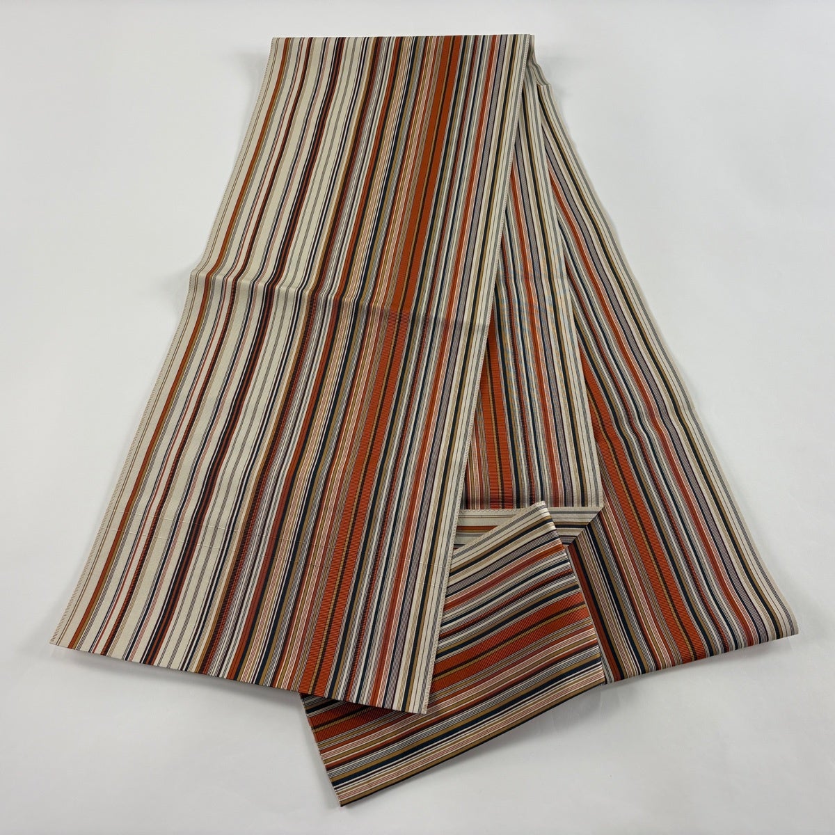 美品】 名古屋帯 秀品 松葉仕立て 八寸名古屋帯 紬地 縞 ベージュ 正絹