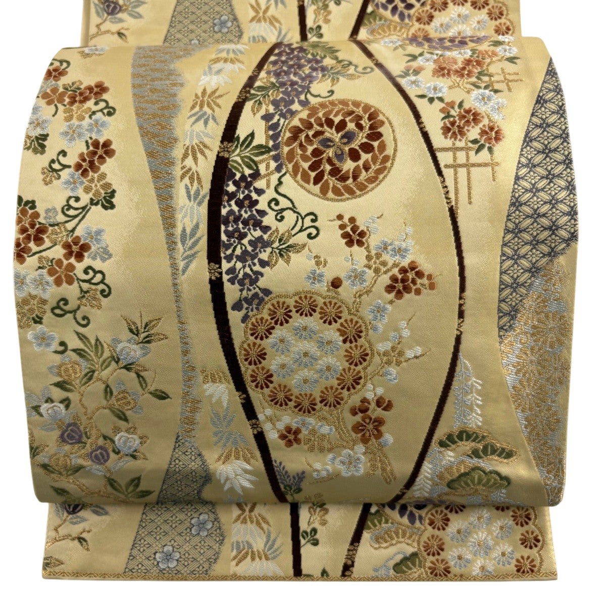 美品】 袋帯 秀品 草花 松 金糸 ベージュ 六通 正絹｜中古・古着
