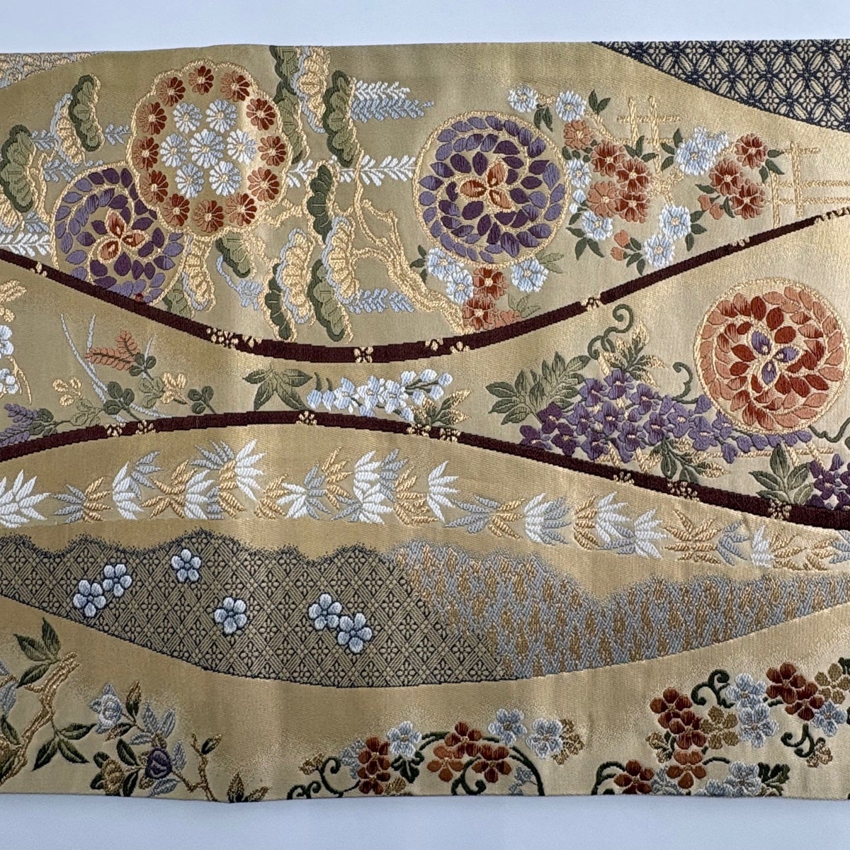 美品】 袋帯 秀品 草花 松 金糸 ベージュ 六通 正絹｜中古・古着