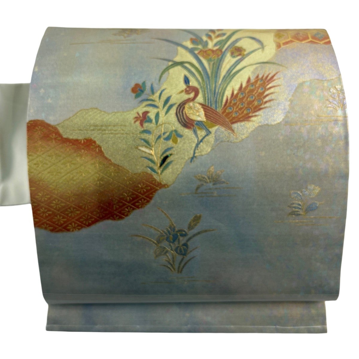 名古屋帯 秀品 草花 鳥 金銀彩 螺鈿 クリーム 正絹｜中古・古着