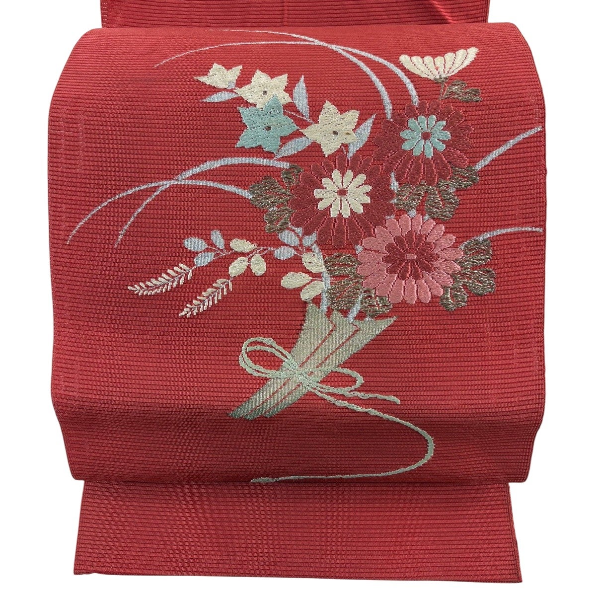 名古屋帯 秀品 八寸名古屋帯 家屋 松 金糸 薄緑 正絹｜中古・古着