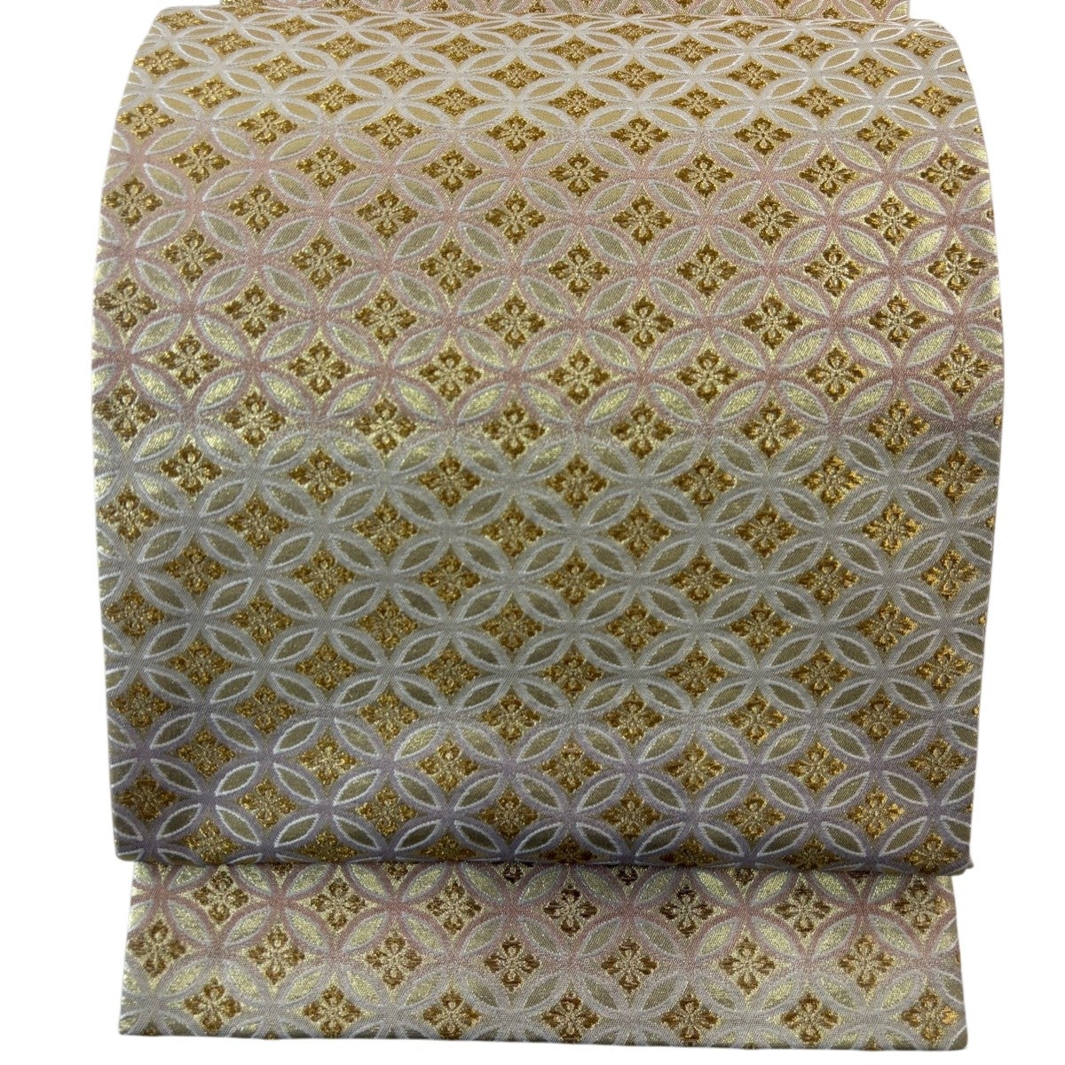 美品】 袋帯 名品 華文 市松 金銀糸 輪奈織 金茶 六通 正絹｜中古