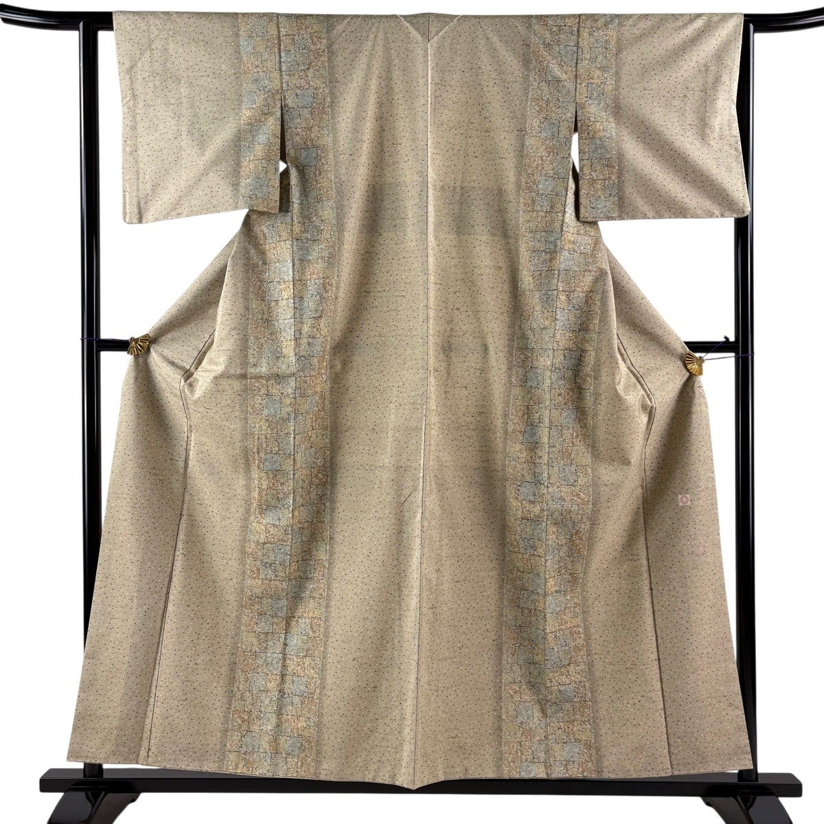 shimeji ベージュ×グレー 玉紬系 絞り 紬小紋 帯と2点セット 美品】 小紋 身丈157.5cm 裄丈62.5cm S 袷 牛首紬地 落款あり 幾何学