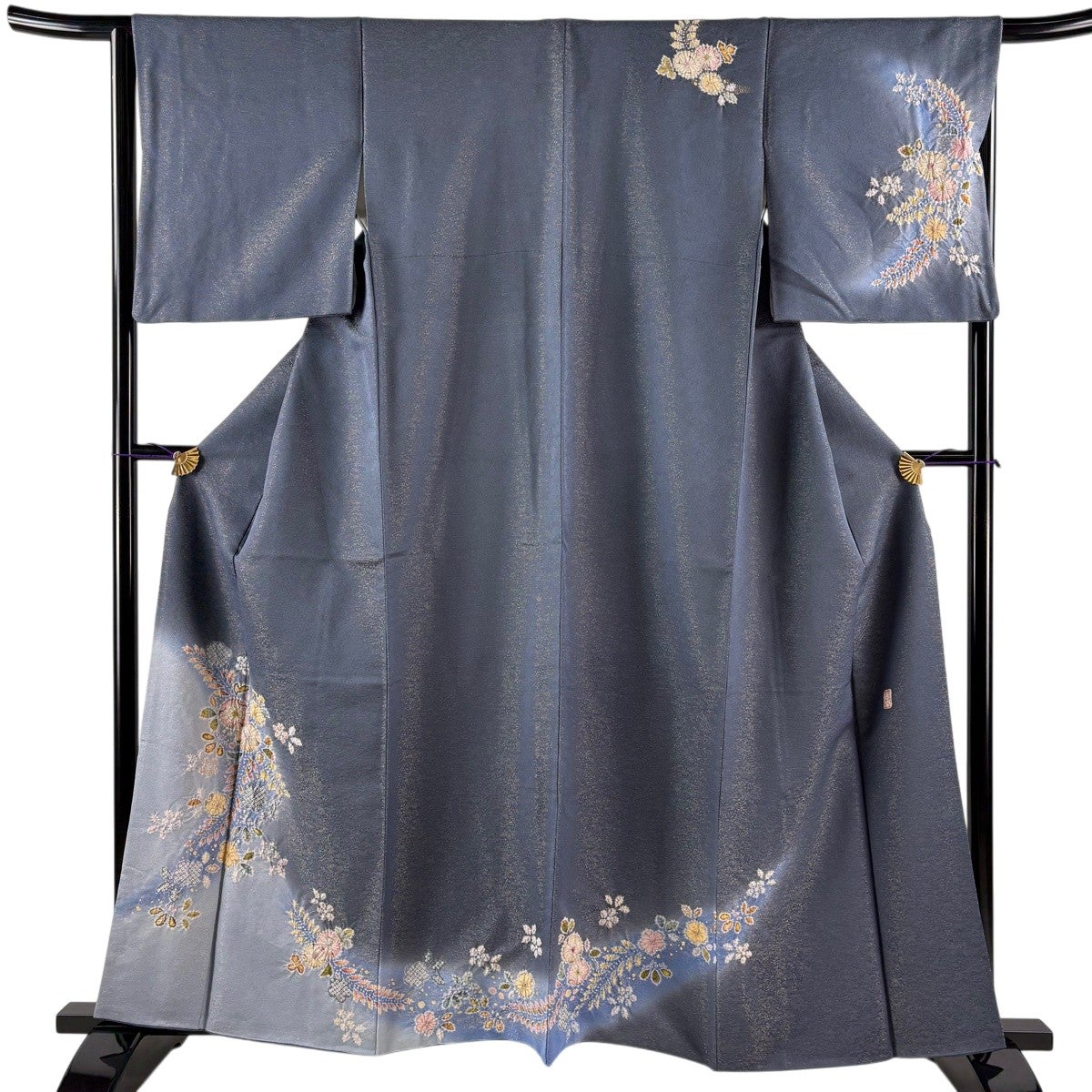 美品】 訪問着 身丈161cm 裄丈66.5cm M 袷 藤 辻が花柄 刺繍 金通し 青
