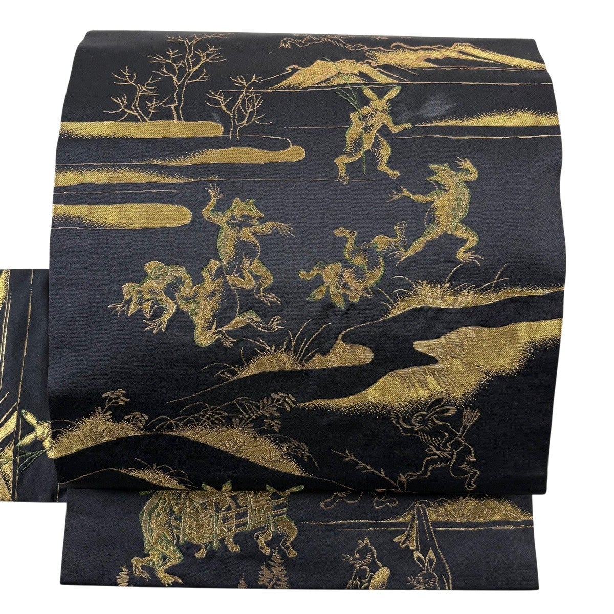 名古屋帯 逸品 鳥獣戯画 金糸 箔 黒 正絹｜中古・古着・リサイクル着物
