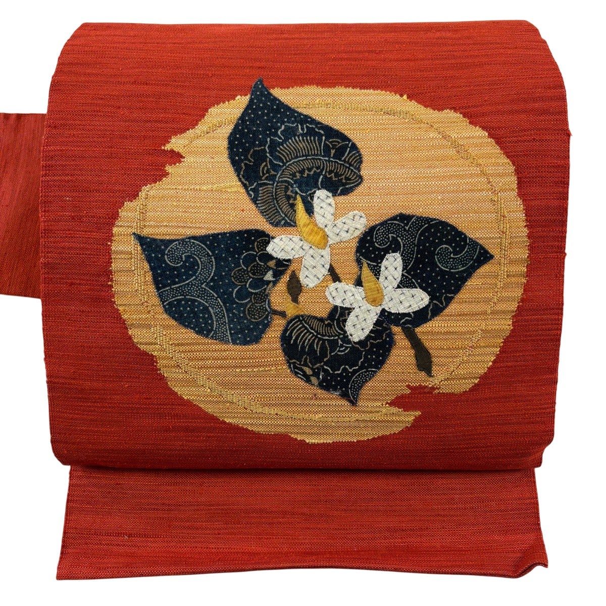 名古屋帯 優品 紬地 草花 朱色 正絹｜中古・古着・リサイクル着物通販