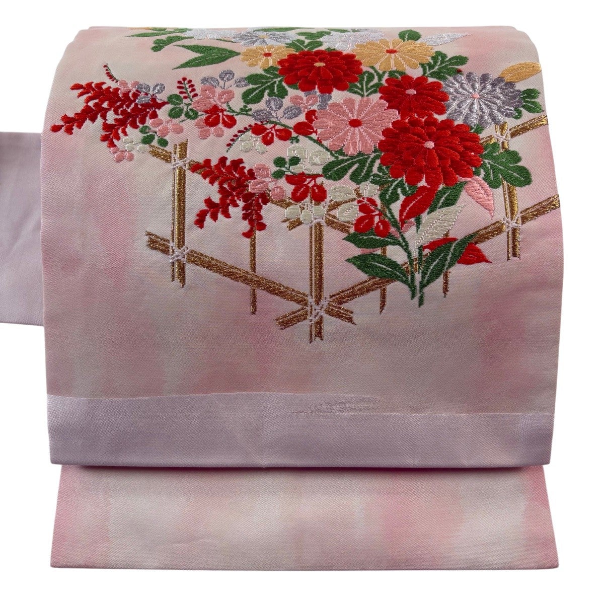 美品】 名古屋帯 秀品 夏帯 絽 枝花 刺繍 銀糸 薄ピンク 正絹｜中古