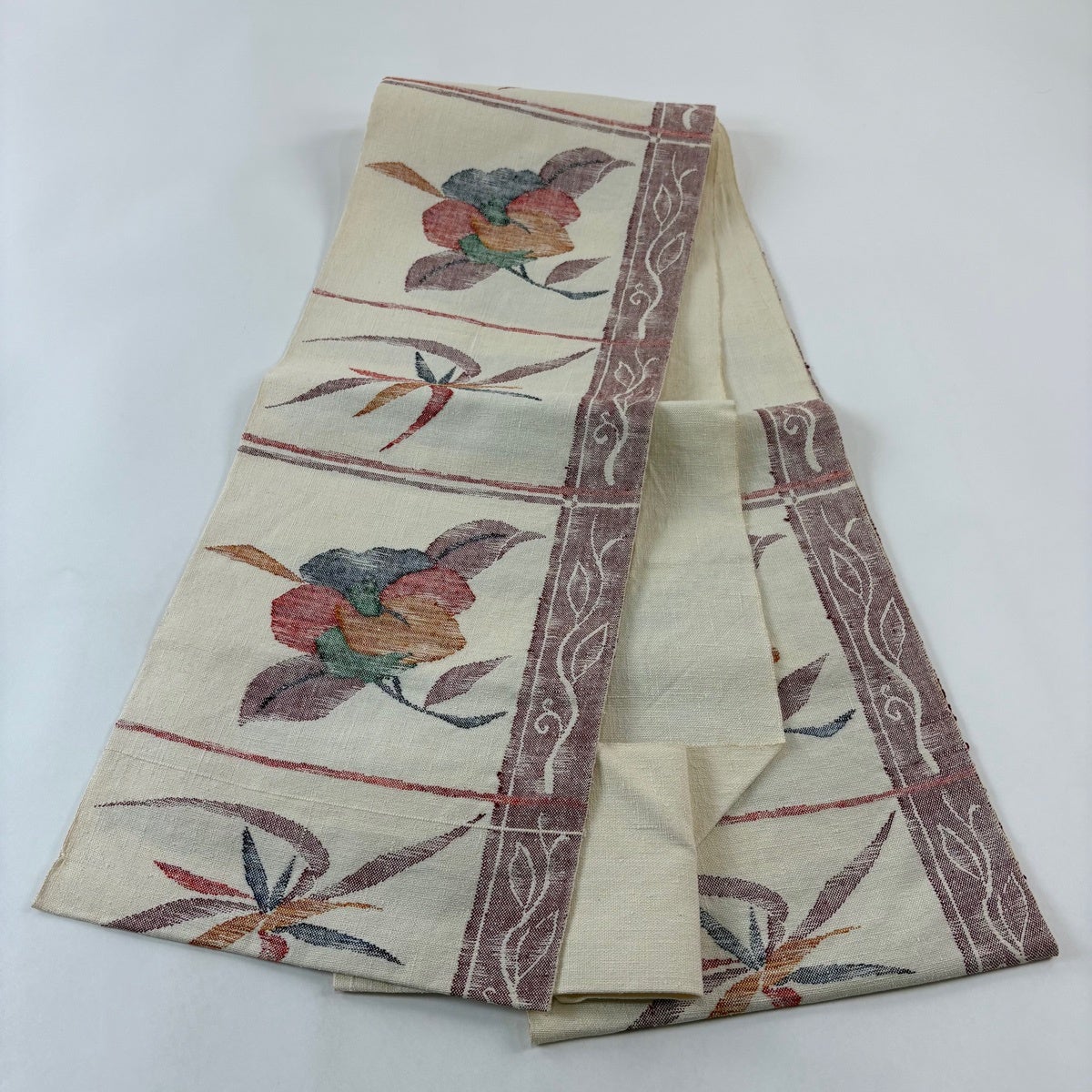 名古屋帯 優品 松葉仕立て 八寸名古屋帯 草花 ベージュ 正絹｜中古