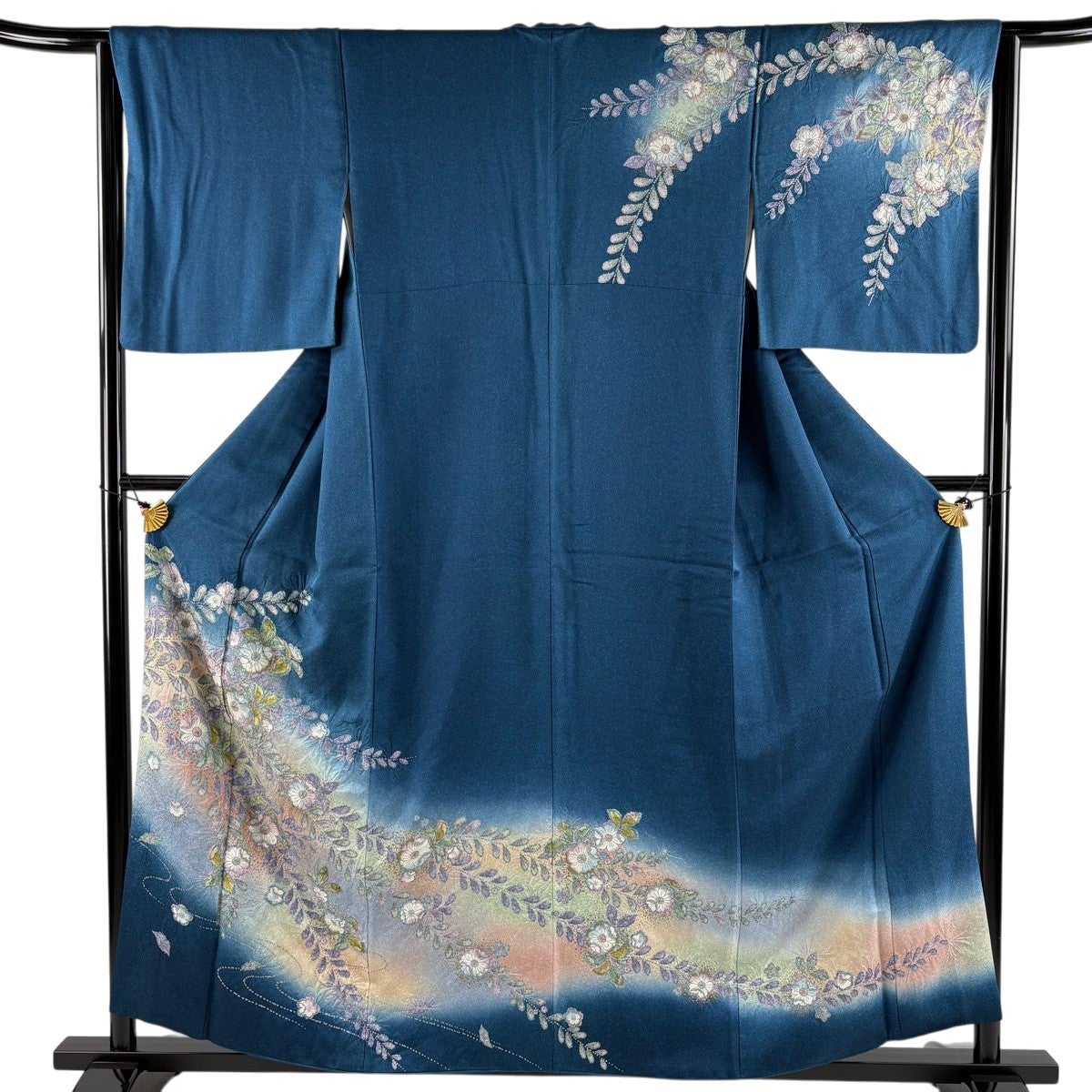 美品　正絹訪問着　辻ヶ花　濃紺地暈し染め　金彩　裄67　フォーマル 訪問着 身丈157.5cm 裄丈64.5cm M 袷 辻が花 金彩 ぼかし 藍色 正絹