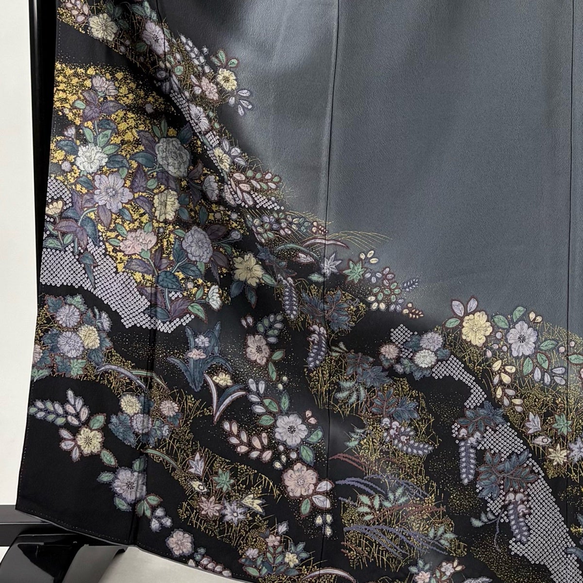訪問着 身丈164.5cm 裄丈63cm S 袷 辻が花 金彩 ぼかし 灰色 正絹 名品