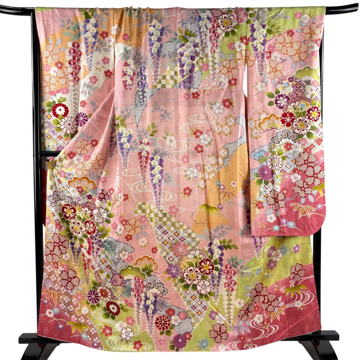 振袖 身丈163.5cm 裄丈69cm L 袷 やまと 桜 松竹梅 金糸 金彩 ピンク