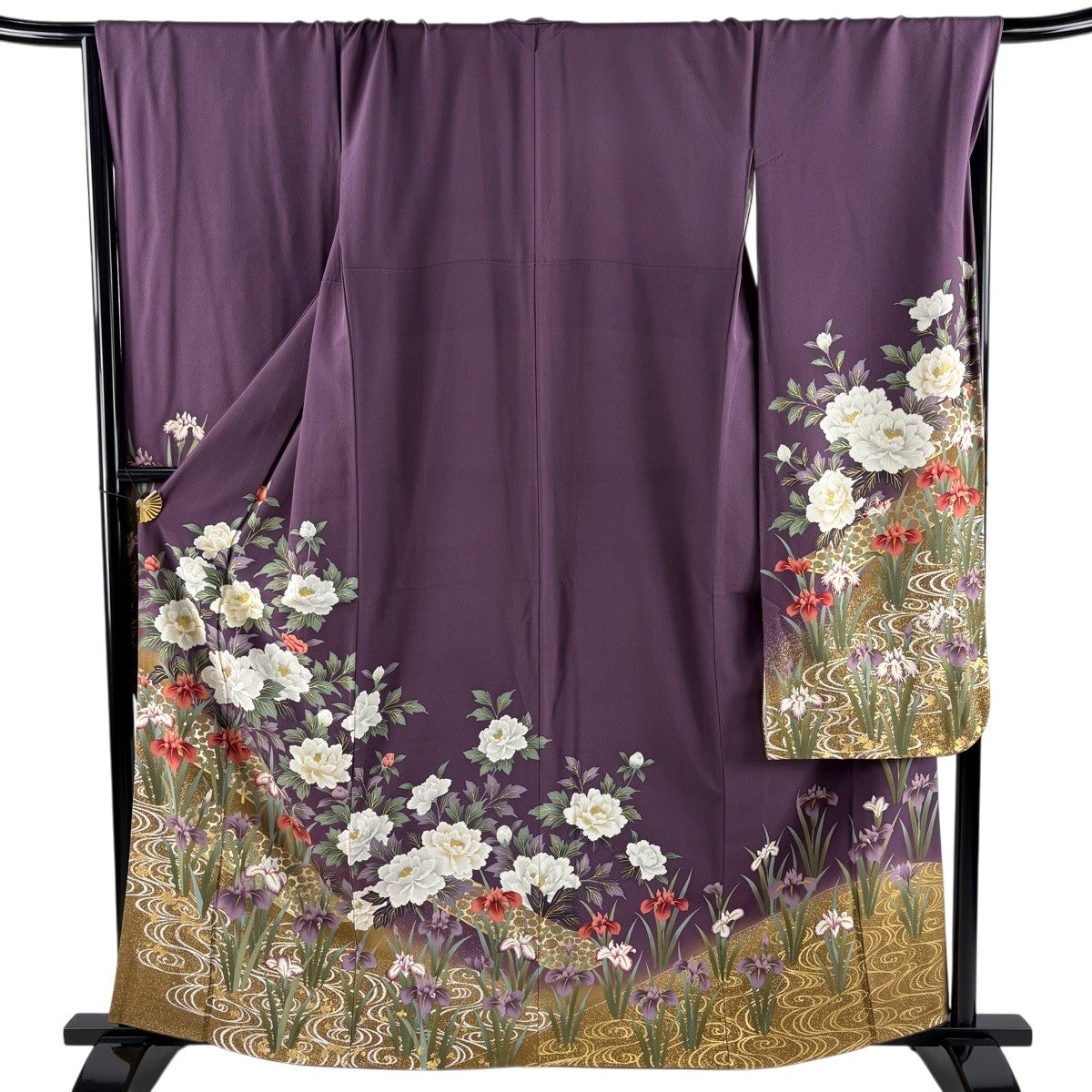 振袖 身丈161cm 裄丈69cm L 袷 牡丹 菖蒲 金彩 紫 正絹 名品｜中古