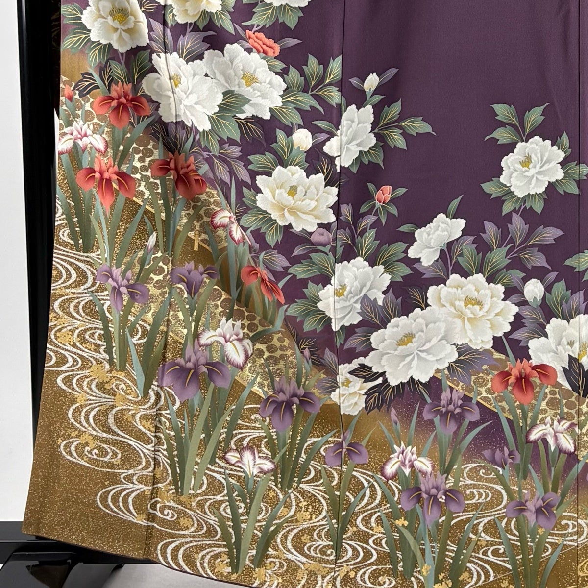 振袖 身丈161cm 裄丈69cm L 袷 牡丹 菖蒲 金彩 紫 正絹 名品｜中古