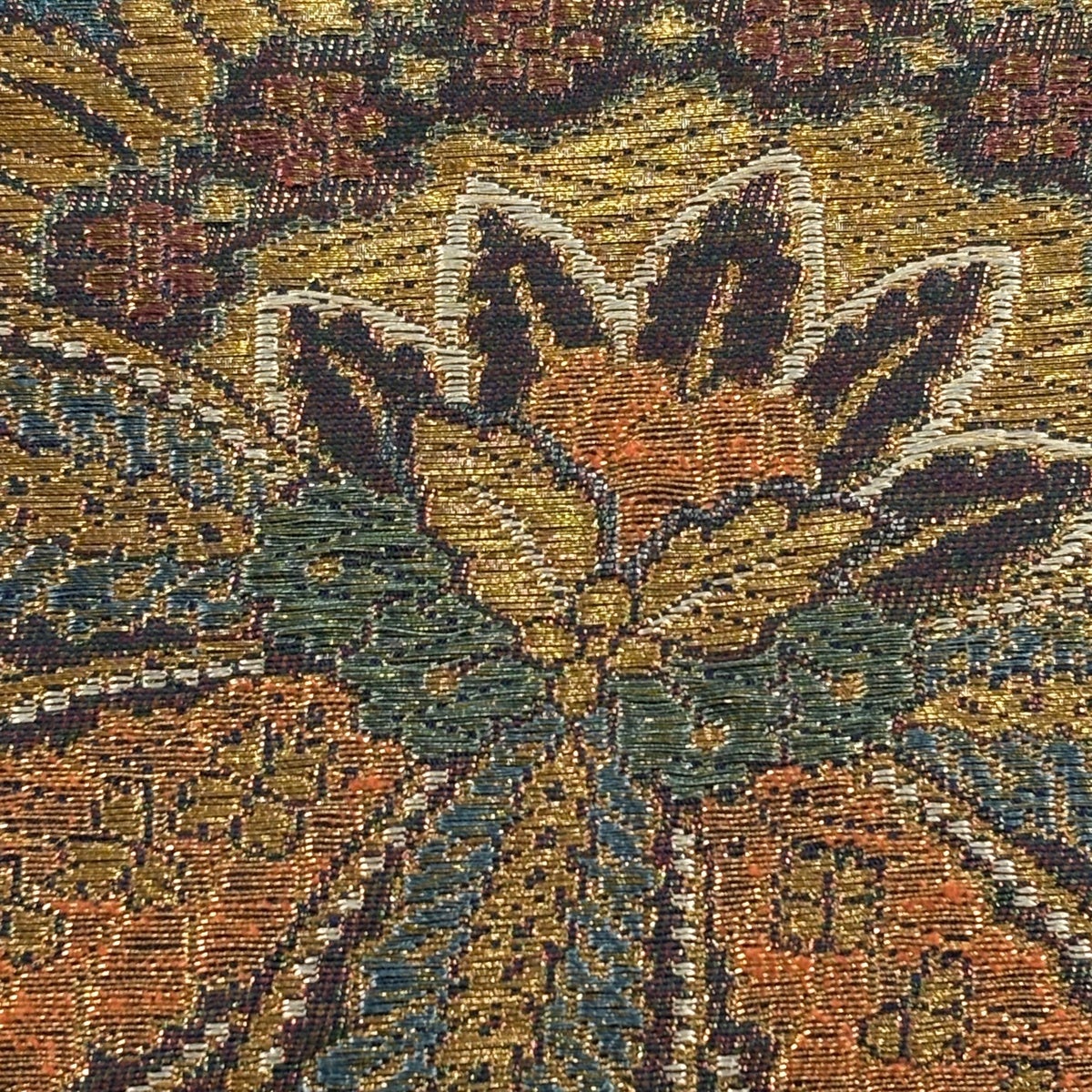 袋帯　花亀甲繋ぎと流水に古典草花文 袋帯 秀品 関西仕立て 草花 亀甲 箔 金糸 青緑 六通 正絹｜中古・古着