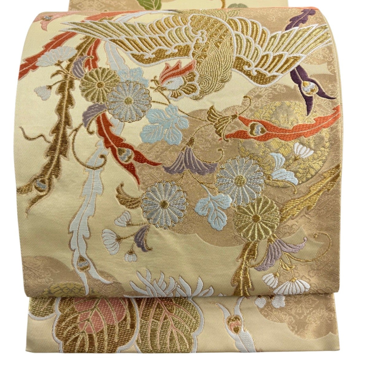 袋帯 秀品 夏帯 絽 向かい鳥 花唐草 金銀糸 ベージュ お太鼓柄 正絹