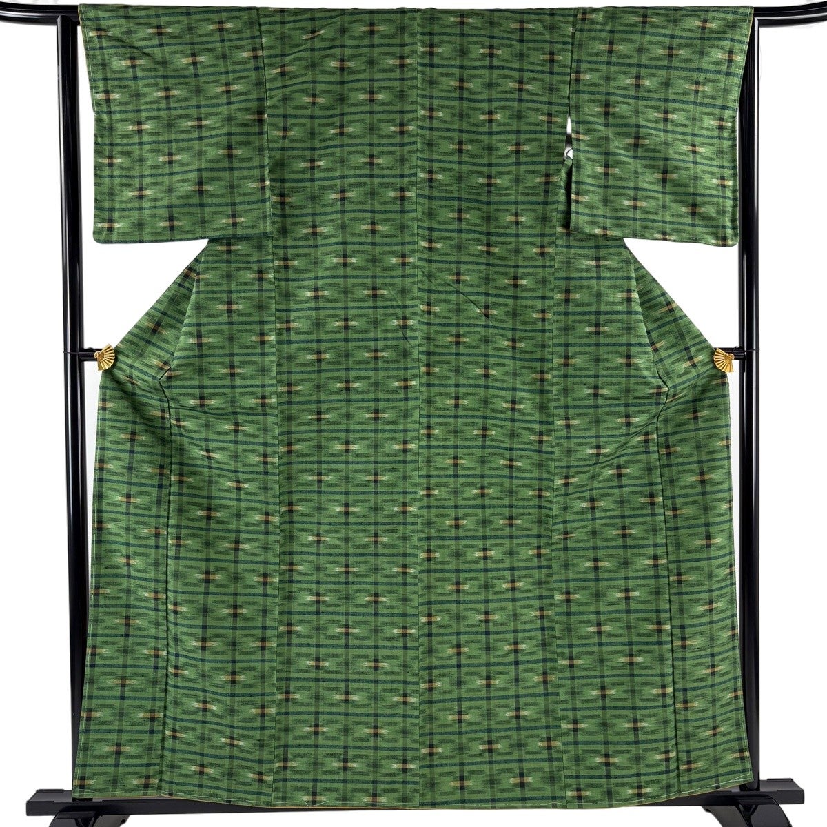 美品】 紬 身丈159.5cm 裄丈64cm M 袷 格子 山吹色 正絹 逸品｜中古