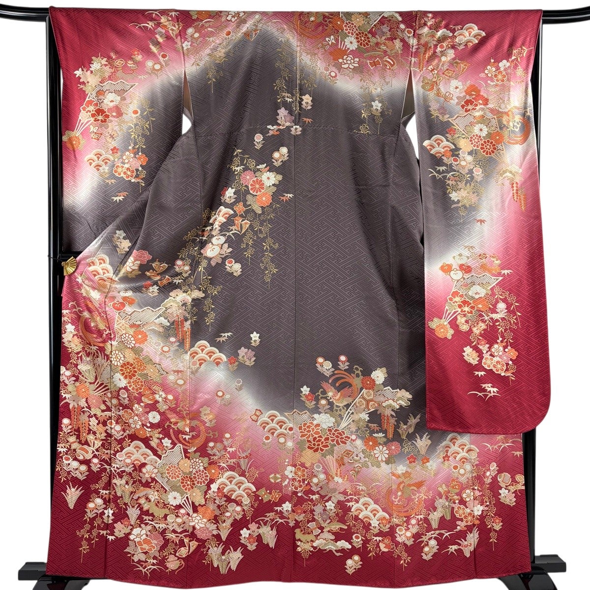 美品】 振袖 身丈163cm 裄丈66cm M 袷 扇 花鳥 金糸 金彩 茜色 正絹 秀