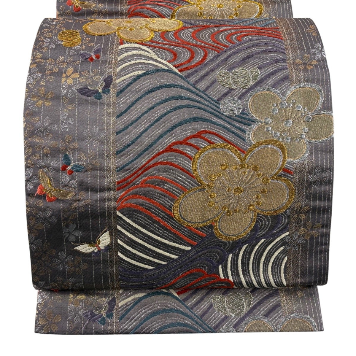 袋帯 逸品 絽刺し 扇 草花 金銀糸 箔 黄土色 全通 正絹｜中古・古着