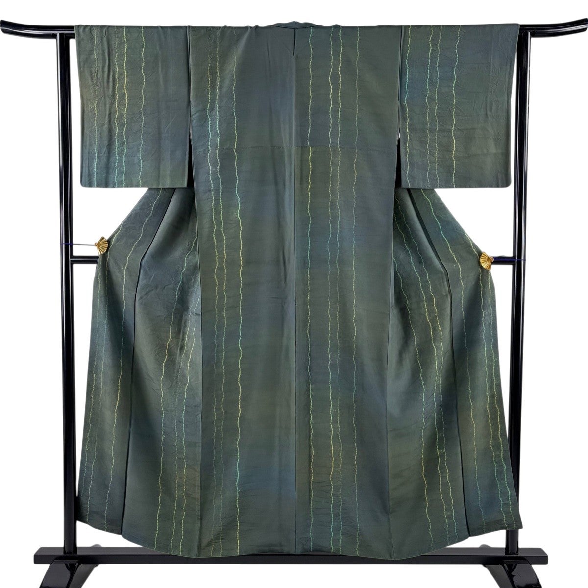 美品】 小紋 身丈159cm 裄丈62cm S 袷 紬地 縦縞 絞り絞 緑 正絹 秀品