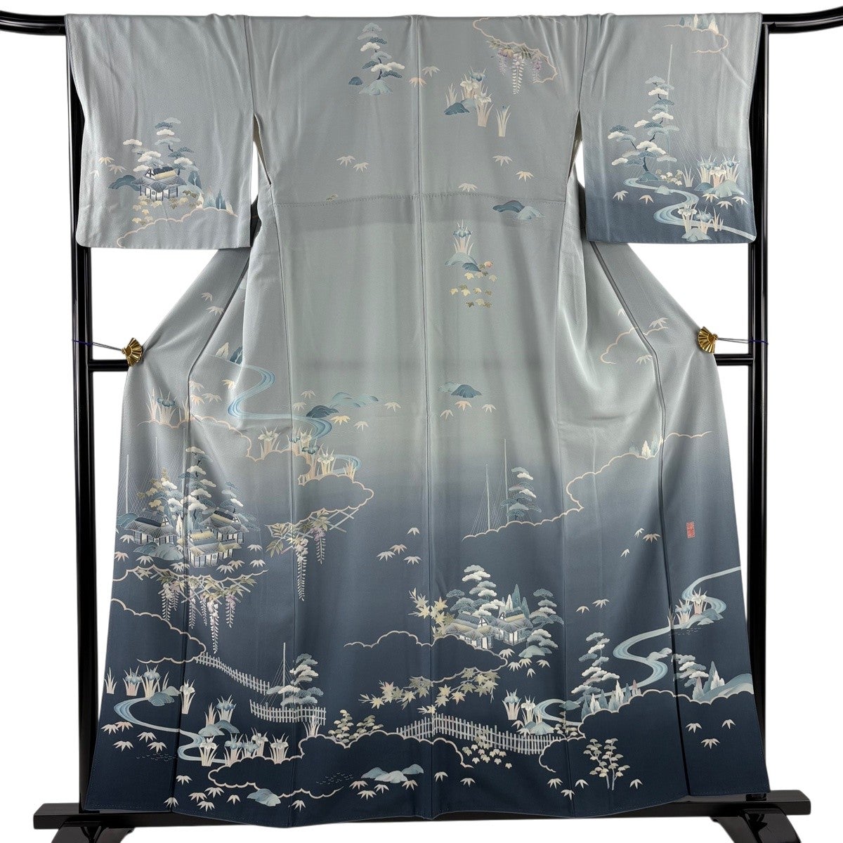 訪問着 身丈154cm 裄丈61cm S 袷 草花 家屋 金糸 水色 正絹 名品｜中古