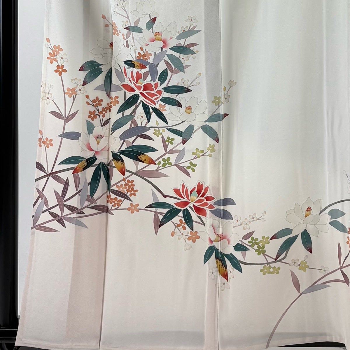 美品】 訪問着 身丈160cm 裄丈64cm M 単衣 落款あり 草花 ぼかし 灰緑