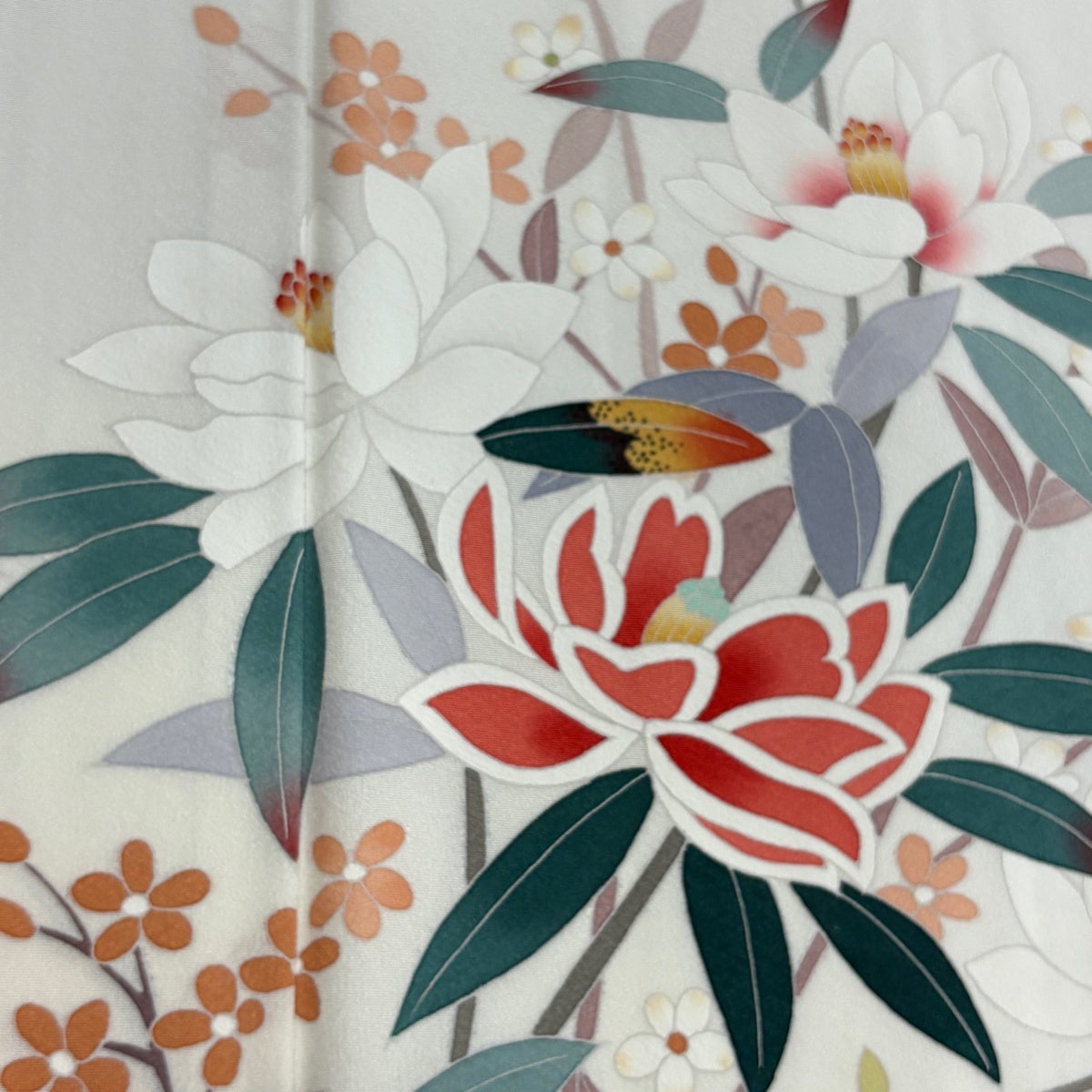 美品】 訪問着 身丈160cm 裄丈64cm M 単衣 落款あり 草花 ぼかし 灰緑