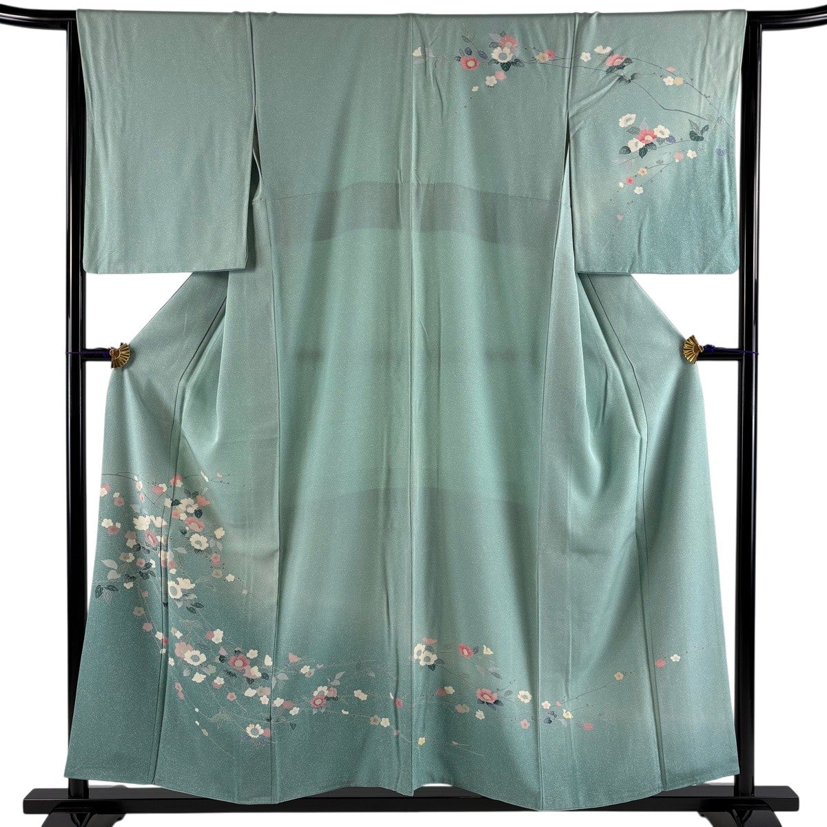 訪問着 身丈155.5cm 裄丈65cm M 袷 枝花 ぼかし 薄緑 正絹 秀品｜中古