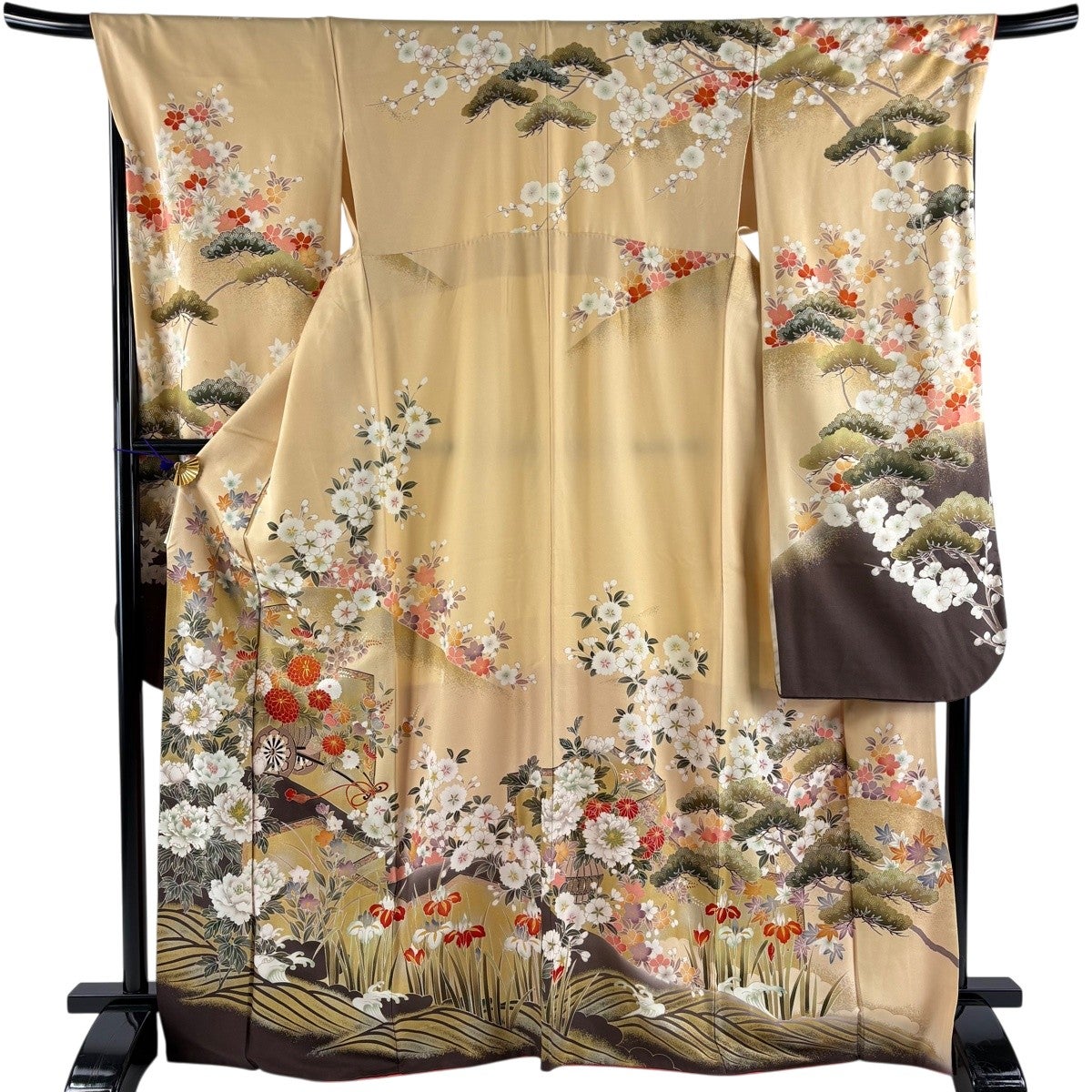 美品】 振袖 身丈172cm 裄丈69cm L 袷 牡丹 桜 箔 金彩 青緑 正絹 名品