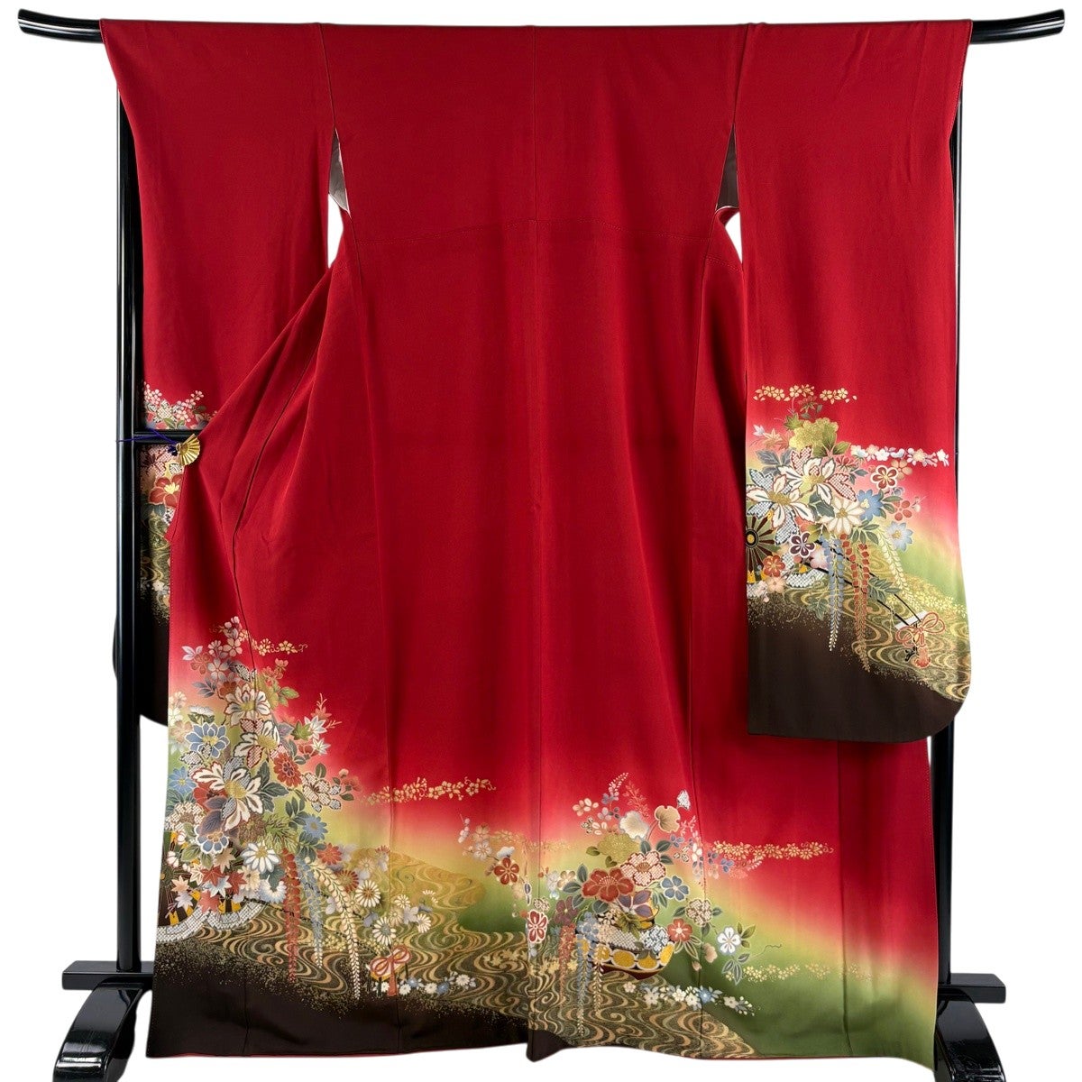 振袖 身丈169cm 裄丈68.5cm L 袷 花車 流水 金彩 ぼかし 赤 正絹 秀品