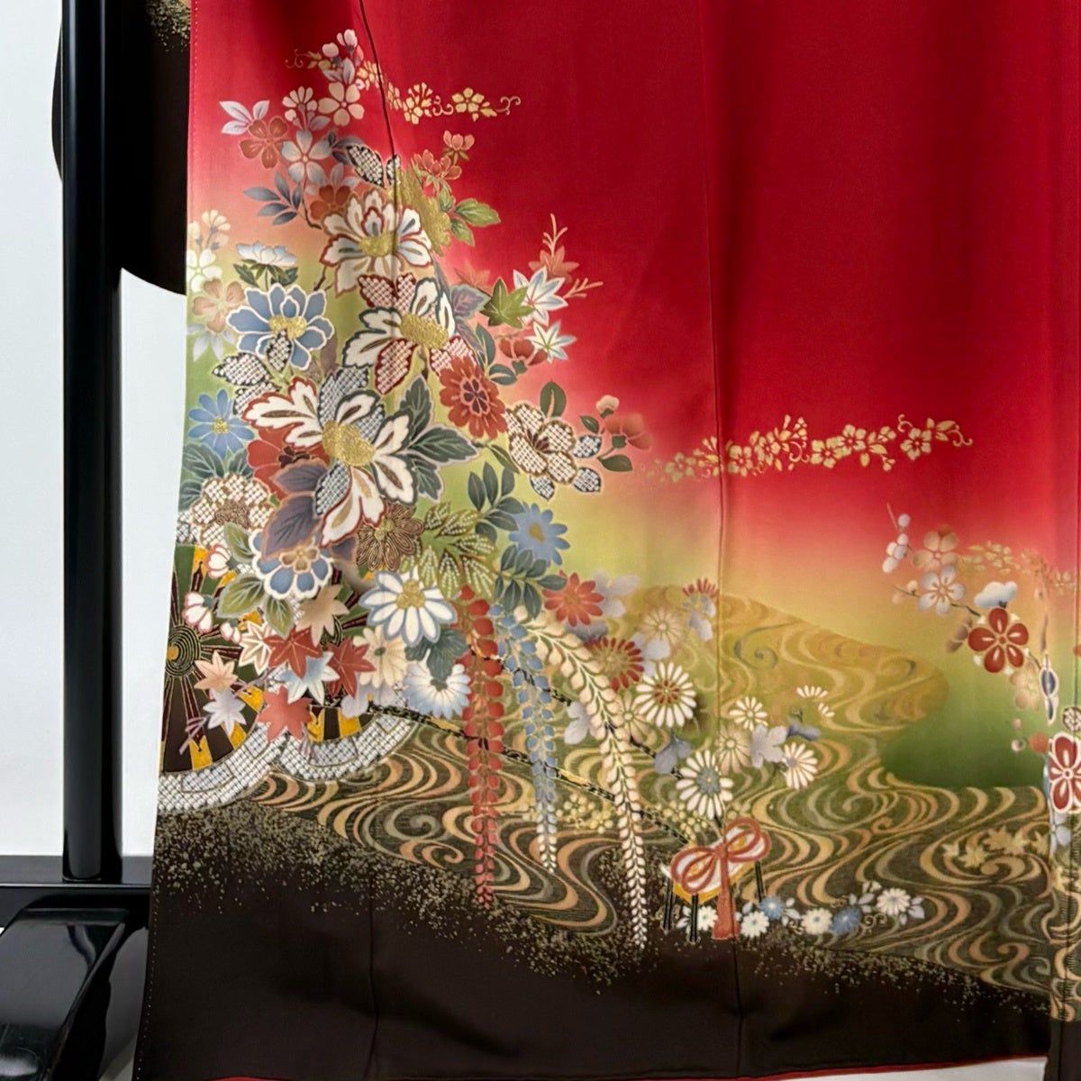 振袖 身丈169cm 裄丈68.5cm L 袷 花車 流水 金彩 ぼかし 赤 正絹 秀品