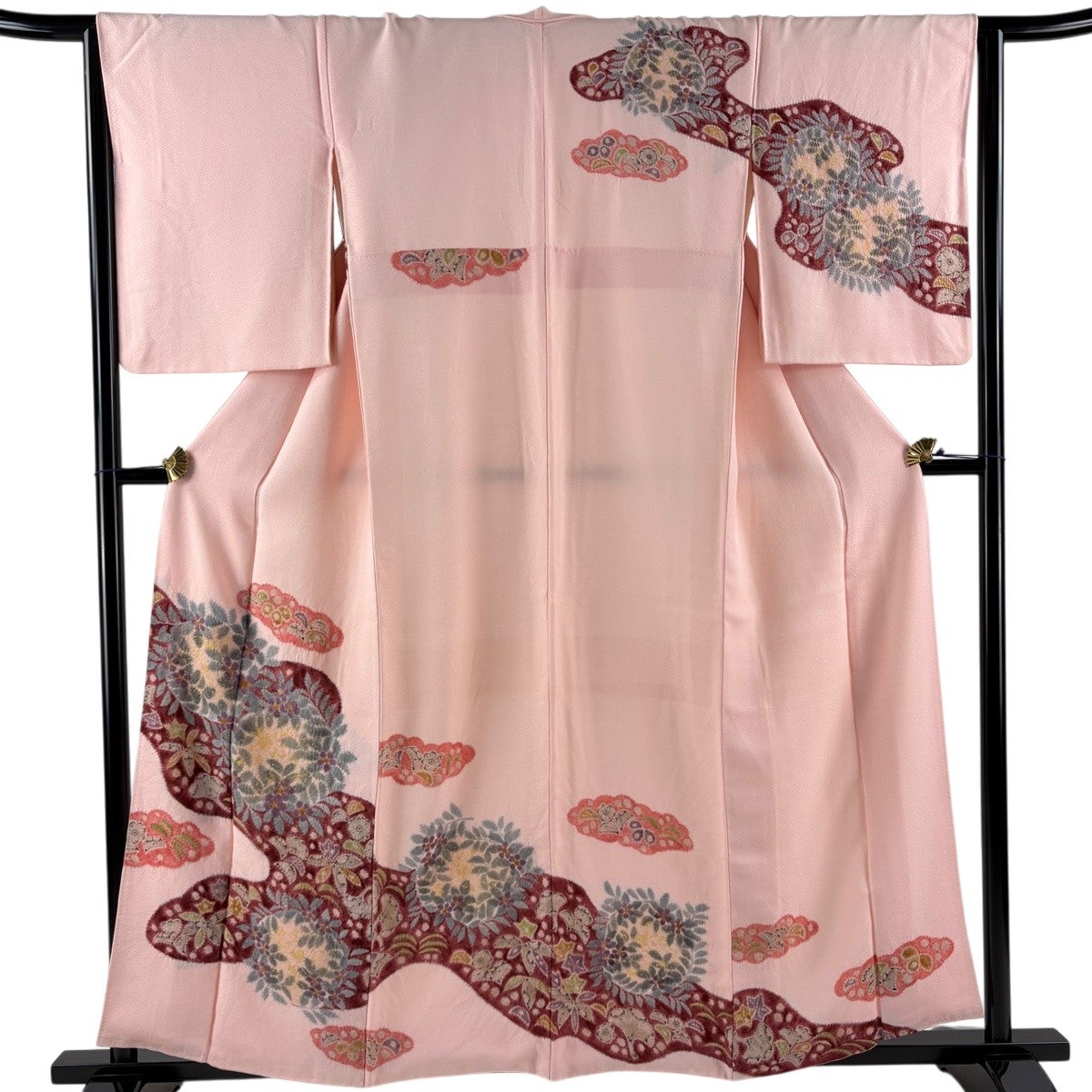 訪問着 身丈159cm 裄丈65cm M 袷 草花 霞 金彩 ピンク 正絹 秀品｜中古