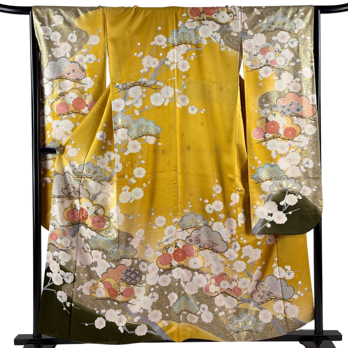 振袖 身丈159cm 裄丈64.5cm M 袷 草花 波 金糸 金彩 クリーム 正絹 秀