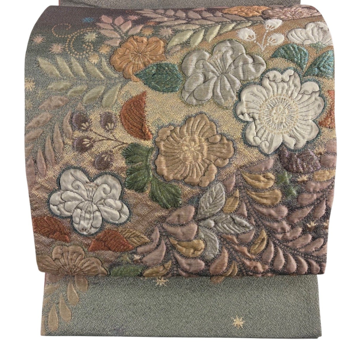 70%OFF 【美品】 袋帯 秀品 辻が花柄 金銀糸 箔 灰緑 お太鼓柄 正絹