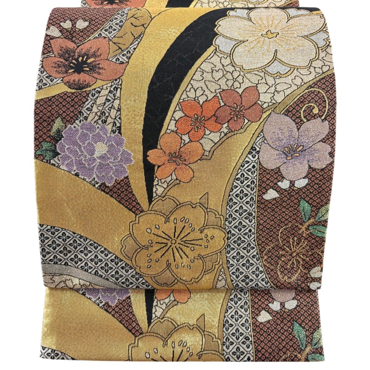 袋帯 箔 お太鼓柄 秀品 雲文 金糸 美品 正絹 金色 草花 中古 正絹