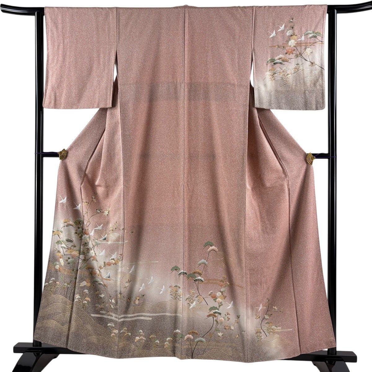 袋帯 秀品 鳥 草花 ししゅ 金彩 ピンクベージュ お太鼓柄 正絹｜中古