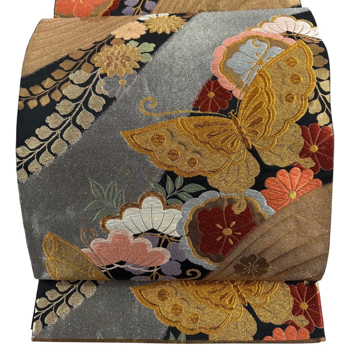 正絹　袋帯　花食鳥　金銀糸 袋帯 秀品 鳥 枝花 金銀糸 刺繍 金色 お太鼓柄 正絹｜中古・古着