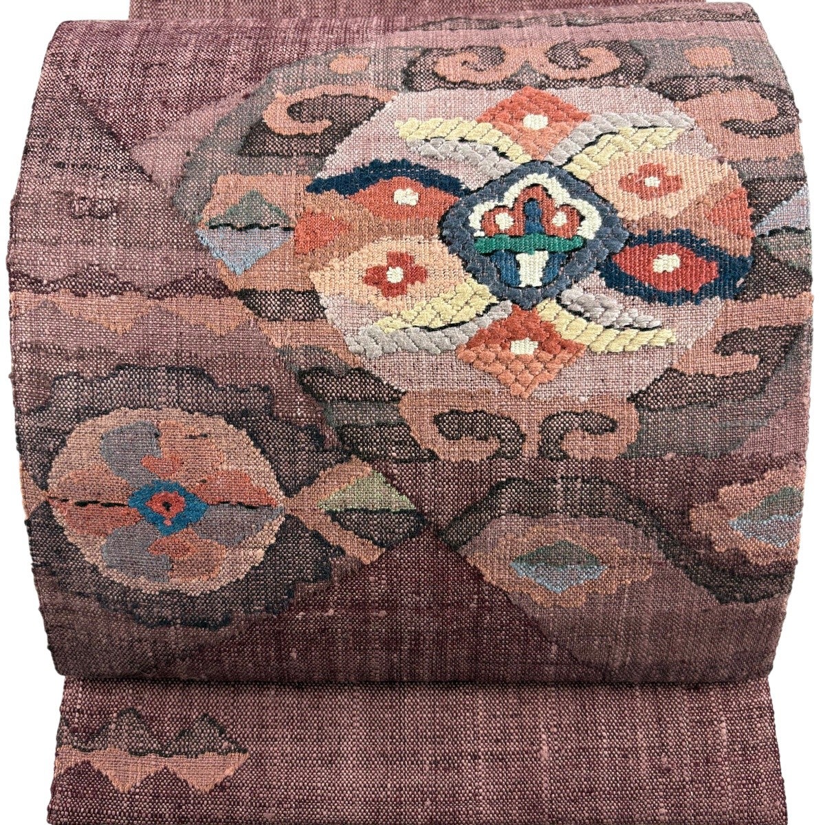 美品】 名古屋帯 秀品 渡文 八寸名古屋帯 松葉仕立て 華文 紫 正絹