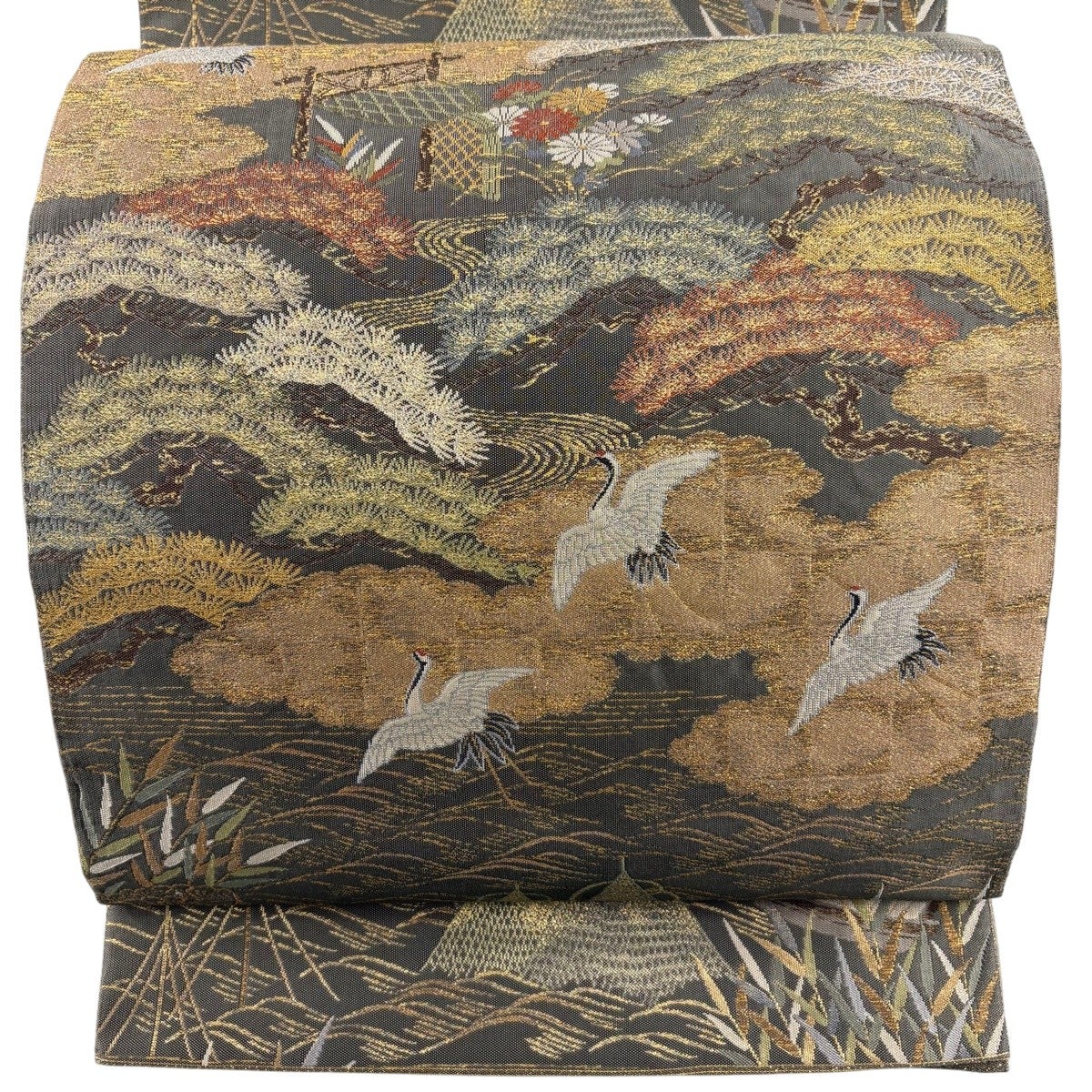 美品 袋帯 秀品 草花 宝尽くし 箔 唐織 鶯色 六通 正絹｜中古・古着