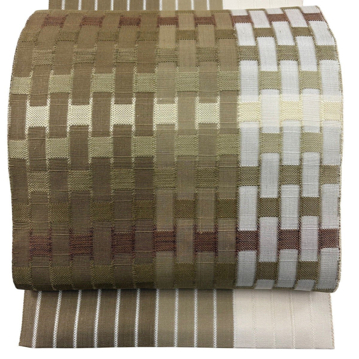 美品】 名古屋帯 秀品 八寸名古屋帯 松葉仕立て 幾何学模様 茶緑色