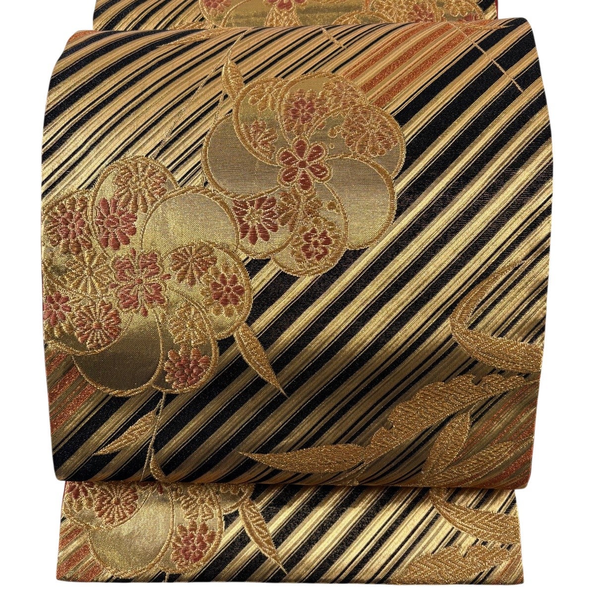 美品】 袋帯 秀品 花 斜縞 箔 金糸 黒 六通 正絹｜中古・古着