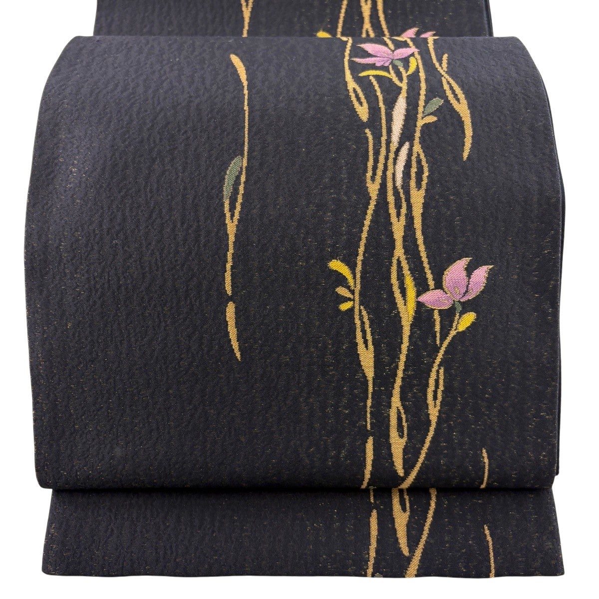 美品】 袋帯 秀品 証紙あり 草花 金糸 箔 黒 六通 正絹｜中古・古着