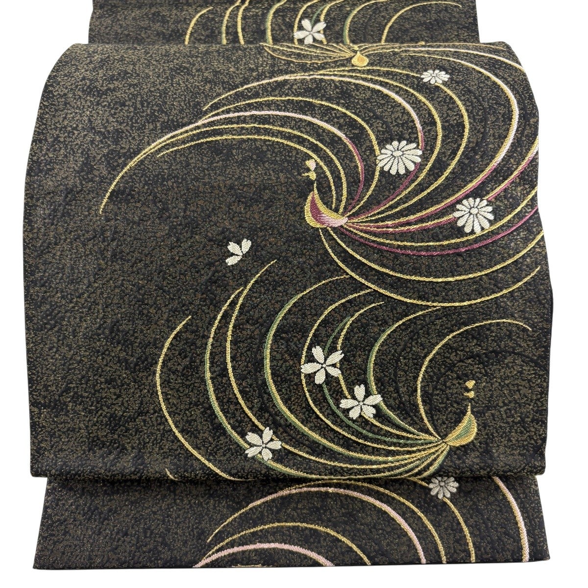 美品】 袋帯 秀品 花 鳥 金糸 黒 六通 正絹｜中古・古着・リサイクル