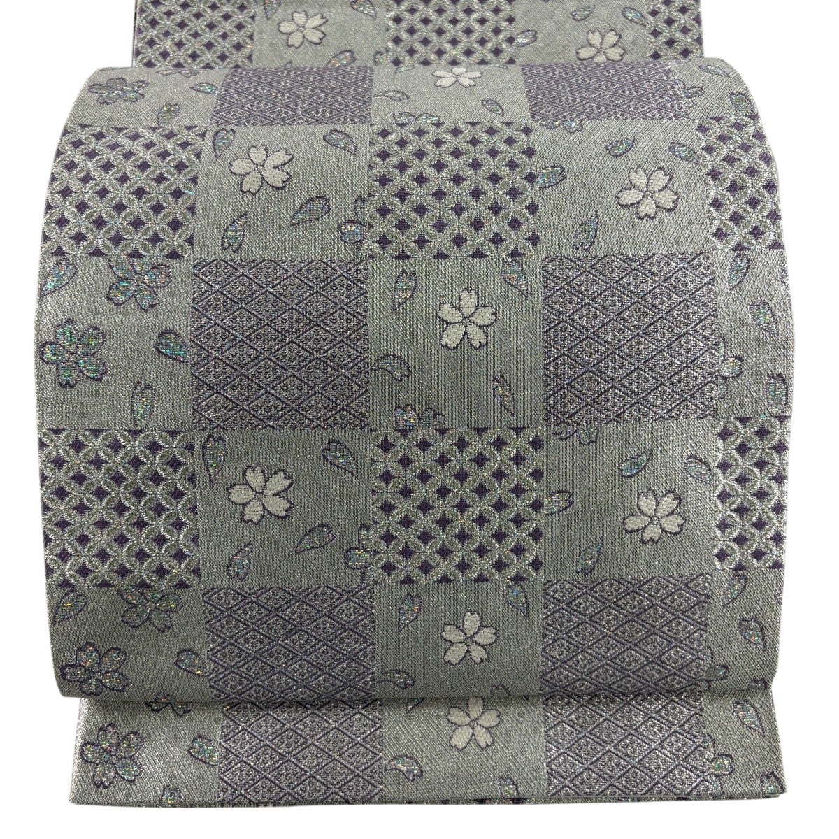 美品 袋帯 秀品 やまと 市松 桜 箔 銀糸 銀色 六通 正絹|中古