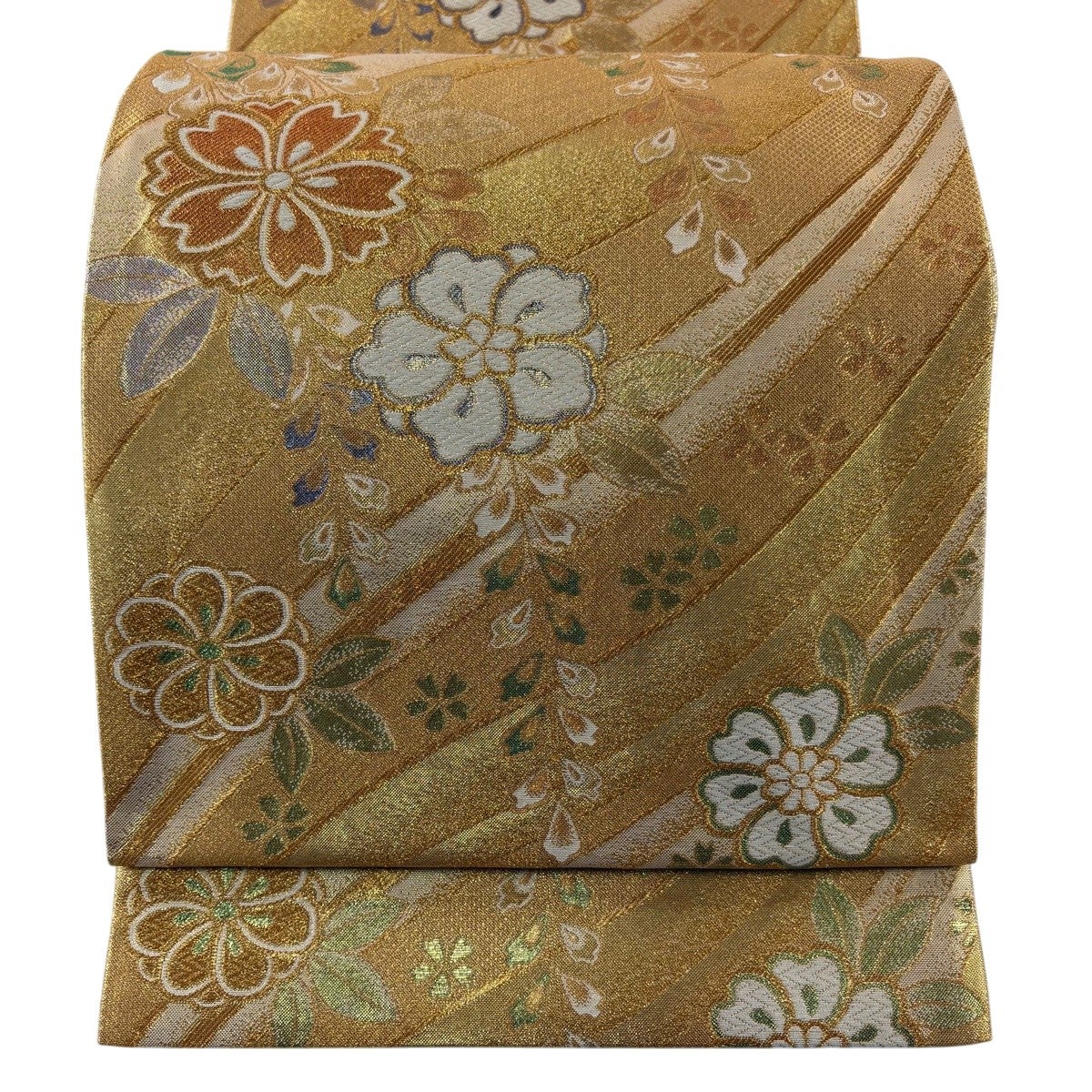美品】 袋帯 秀品 鈴乃屋 波 草花 箔 金糸 サーモンピンク 六通 正絹