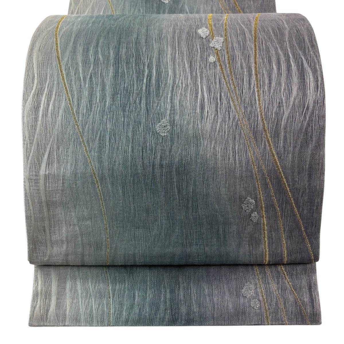 美品】 袋帯 秀品 幾何学模様 金糸 刺繍 青灰色 六通 正絹｜中古・古着