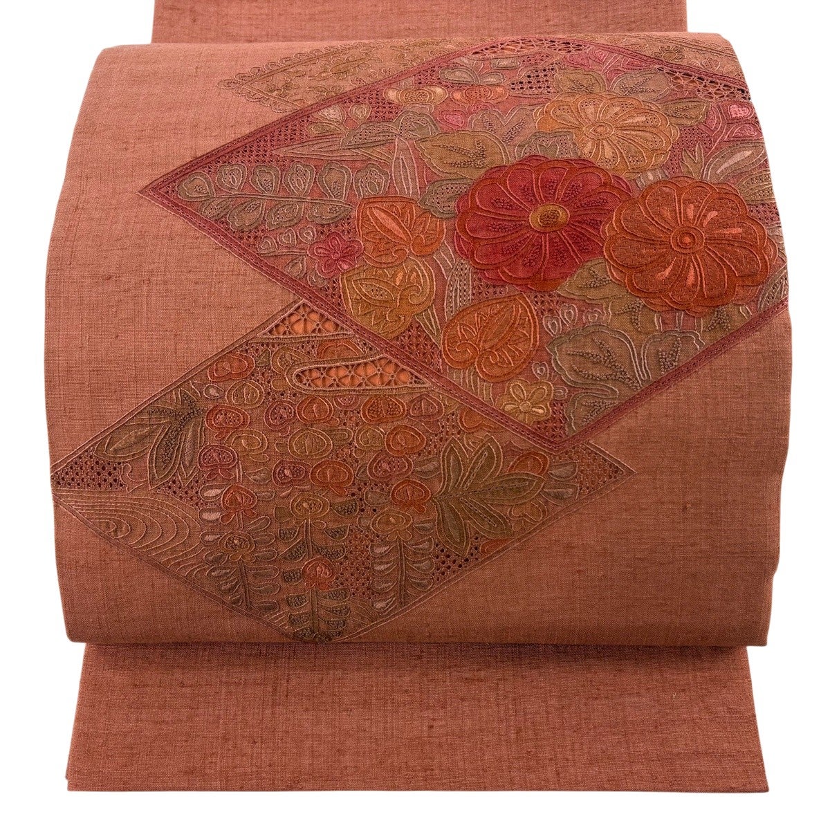 50%OFF 【美品】 名古屋帯 秀品 関西仕立て 紬地 草花 松皮菱 刺繍 赤