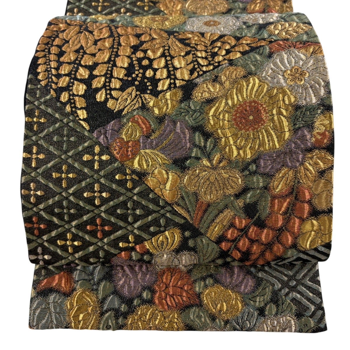 美品】 袋帯 秀品 夏帯 絽 花菱 菊 金糸 箔 黒 六通 正絹｜中古・古着