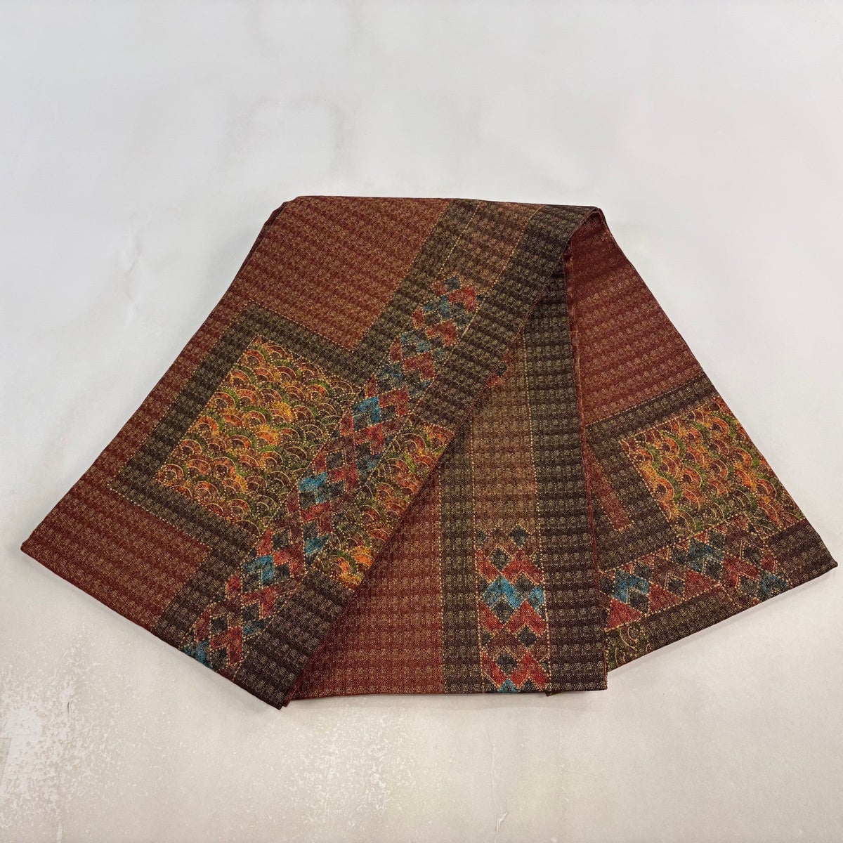 美品】 袋帯 秀品 青海波 幾何学模様 金彩 金糸 茶色 お太鼓柄 正絹